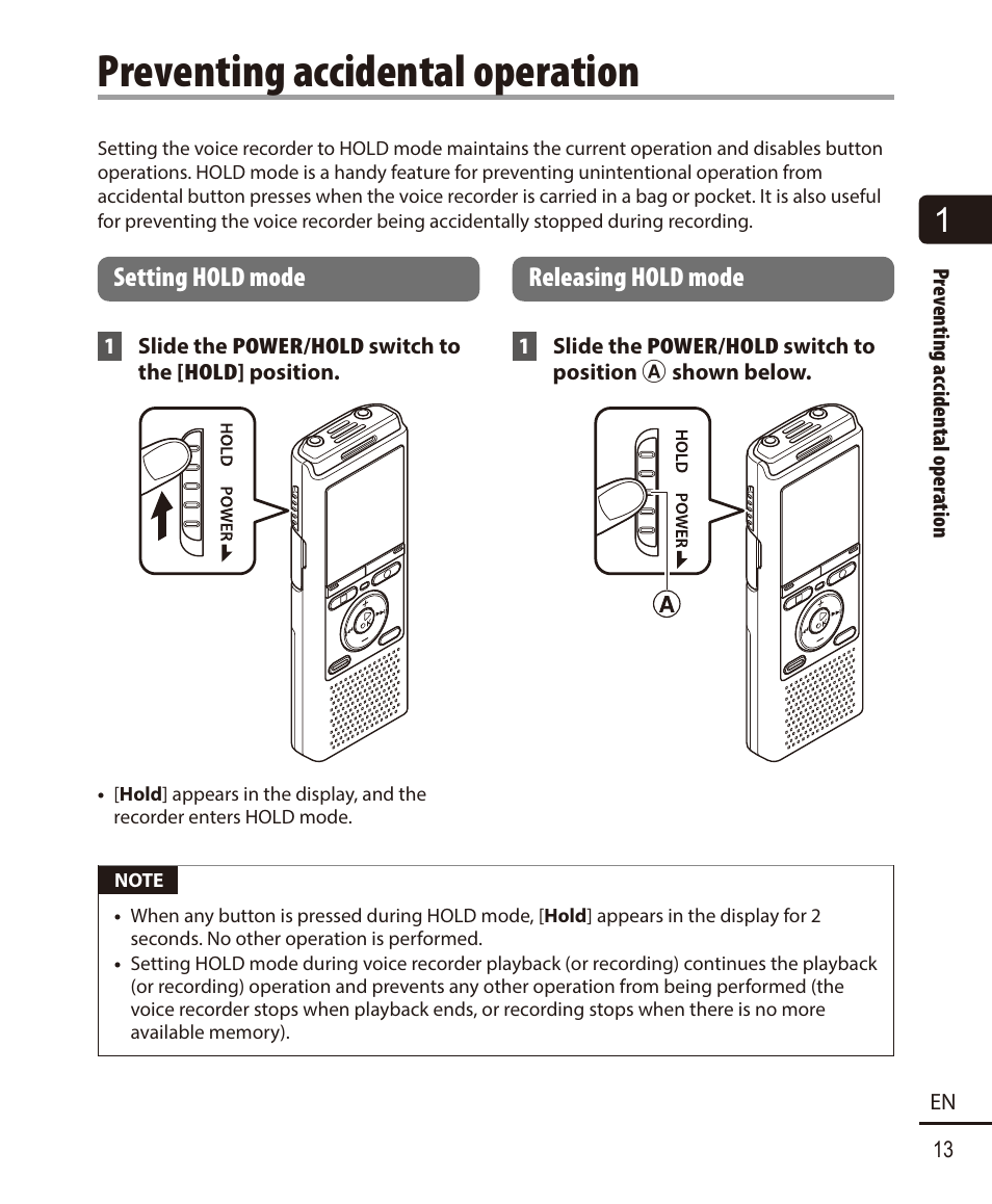 Preventing accidental operation, Setting hold mode, Releasing hold mode | Olympus VN732PC User Manual | Page 13 / 67