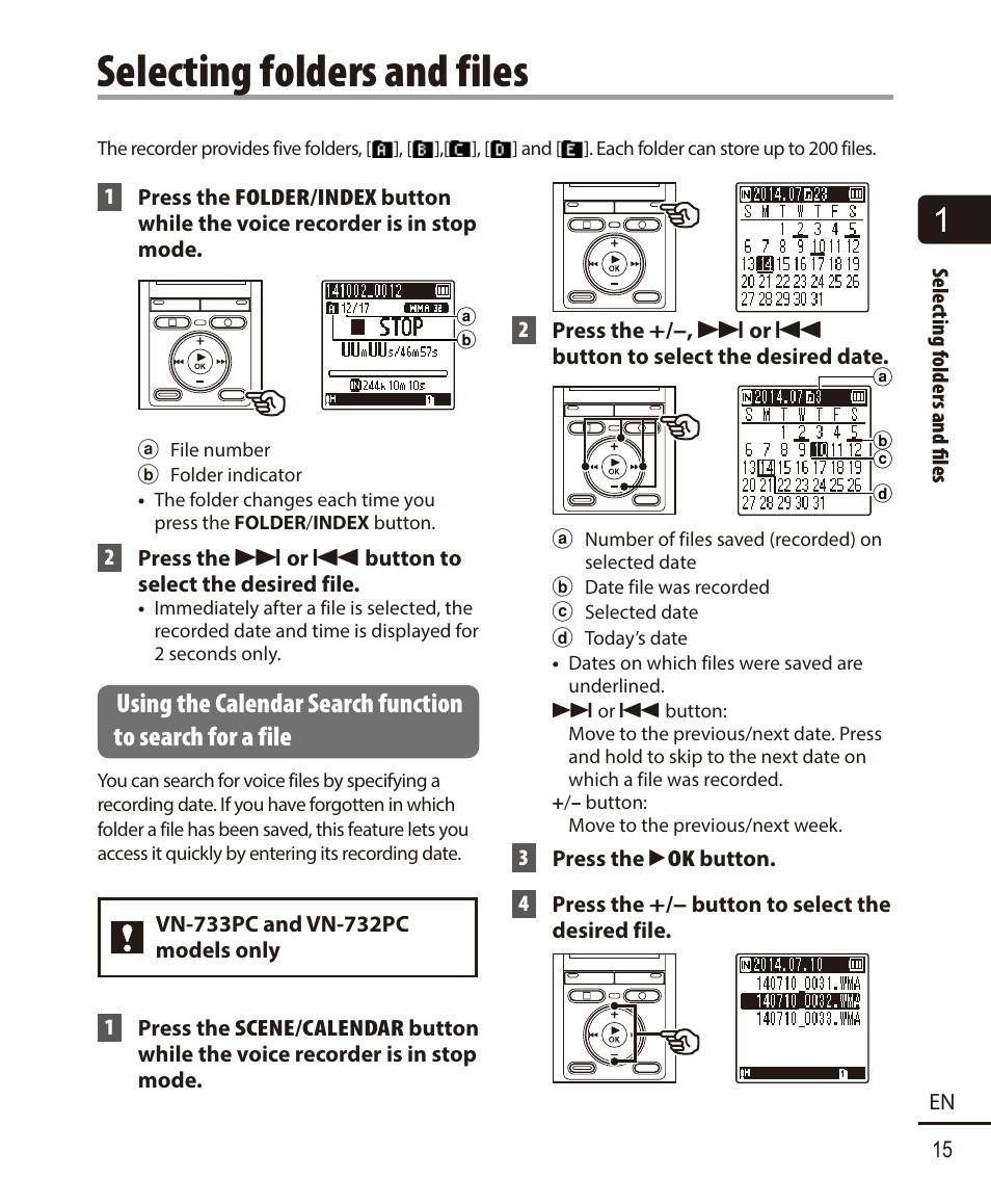 Selecting folders and files | Olympus VN732PC User Manual | Page 15 / 67