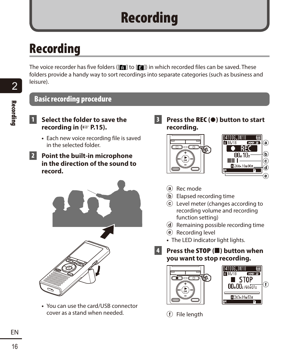 Recording, Basic recording procedure | Olympus VN732PC User Manual | Page 16 / 67