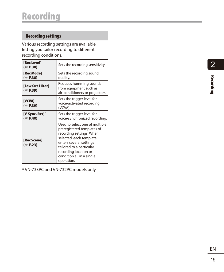 Recording, Recording 19 en, Recording settings | Olympus VN732PC User Manual | Page 19 / 67