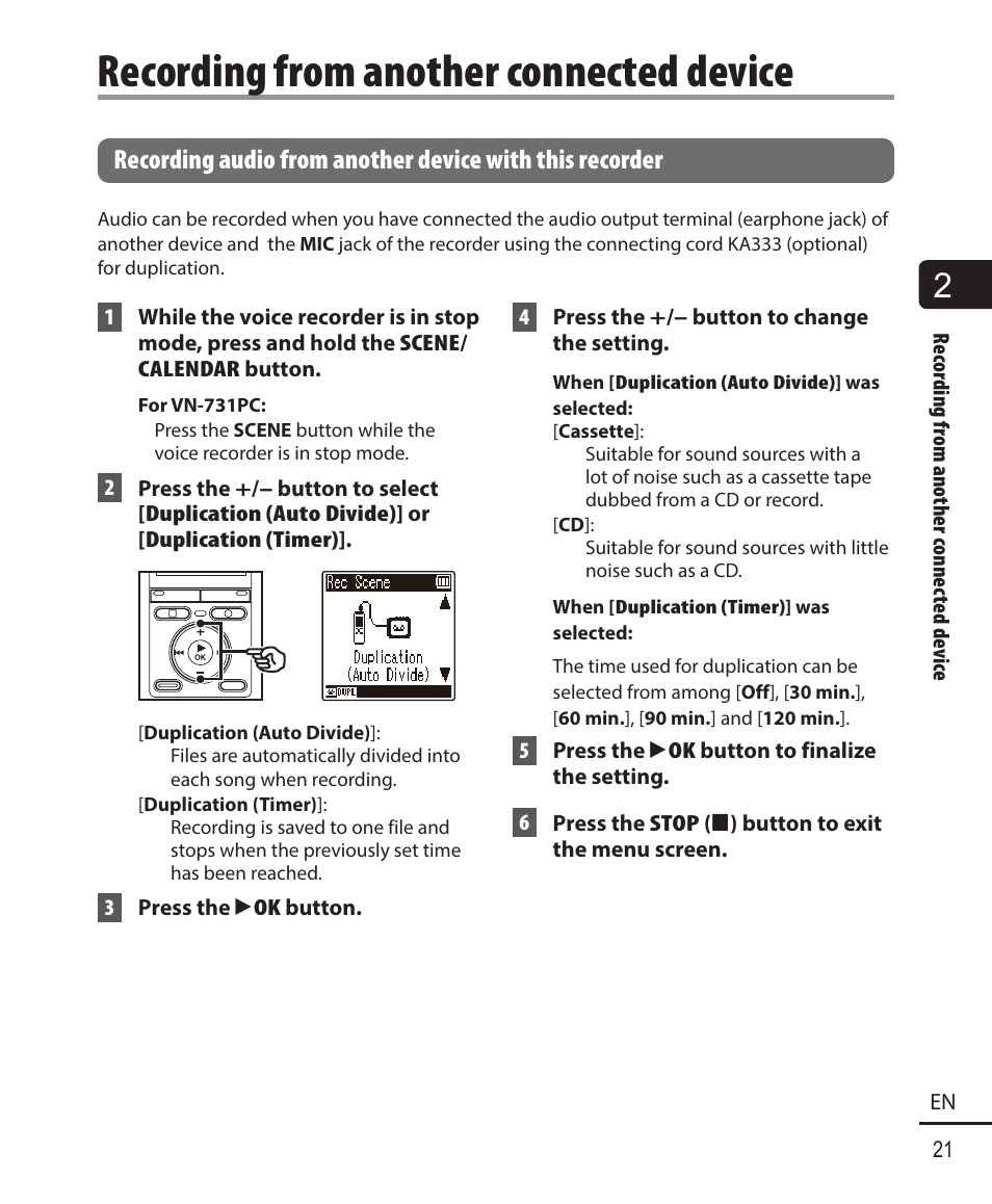 Recording from another connected device | Olympus VN732PC User Manual | Page 21 / 67