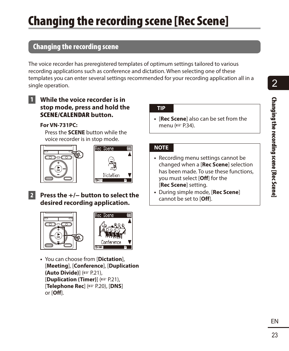 Changing the recording scene [rec scene, Changing the recording scene | Olympus VN732PC User Manual | Page 23 / 67