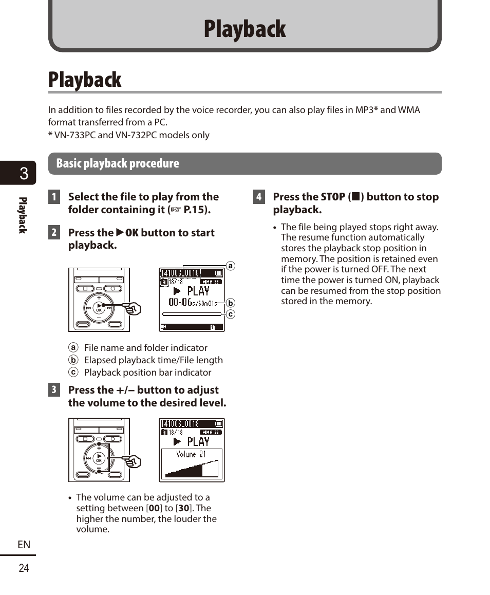 Playback, Basic playback procedure | Olympus VN732PC User Manual | Page 24 / 67