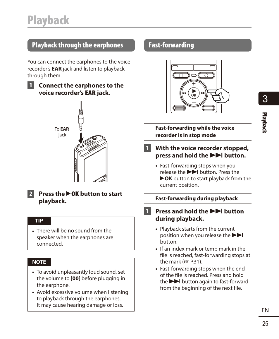 Playback through the earphones, Fast-forwarding, Playback | Olympus VN732PC User Manual | Page 25 / 67