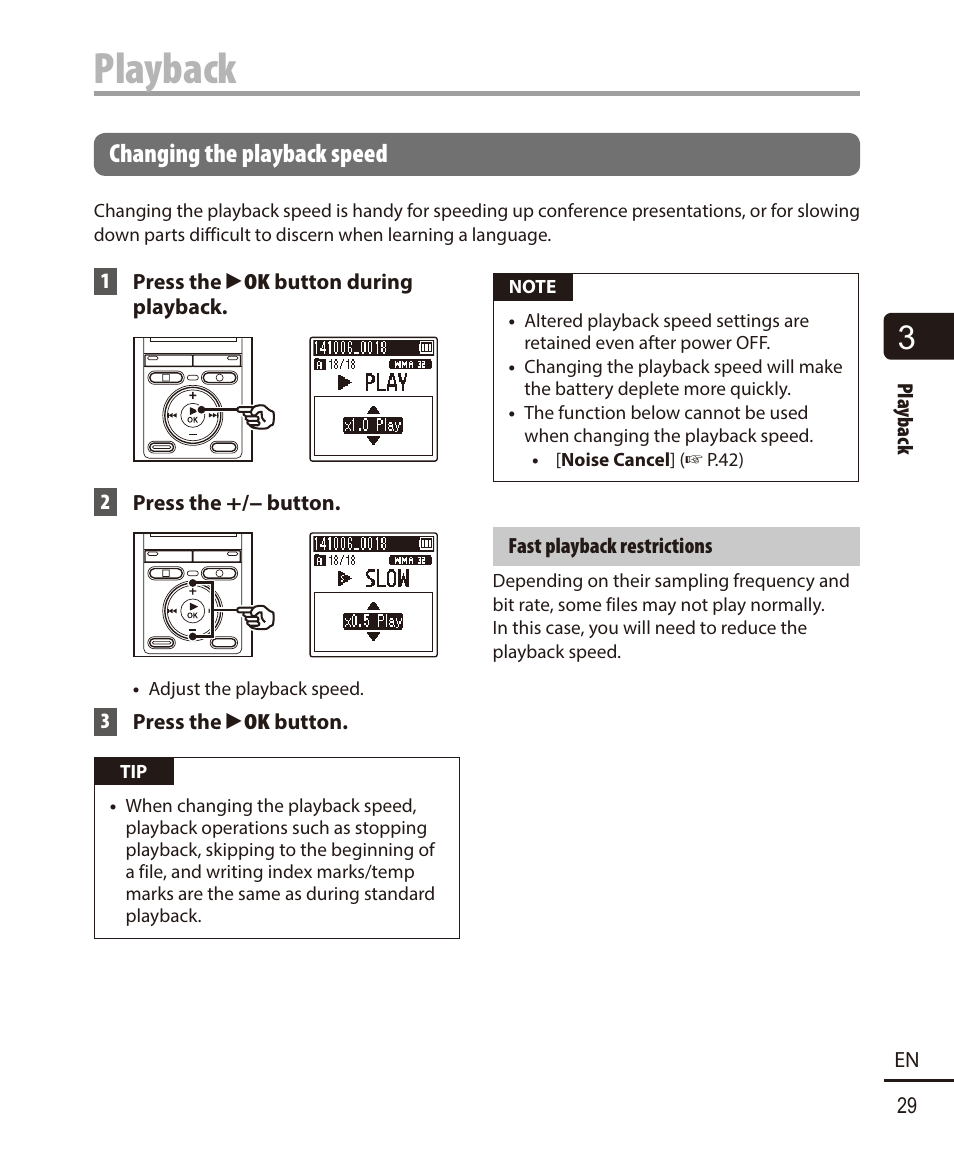 Changing the playback speed, Playback | Olympus VN732PC User Manual | Page 29 / 67