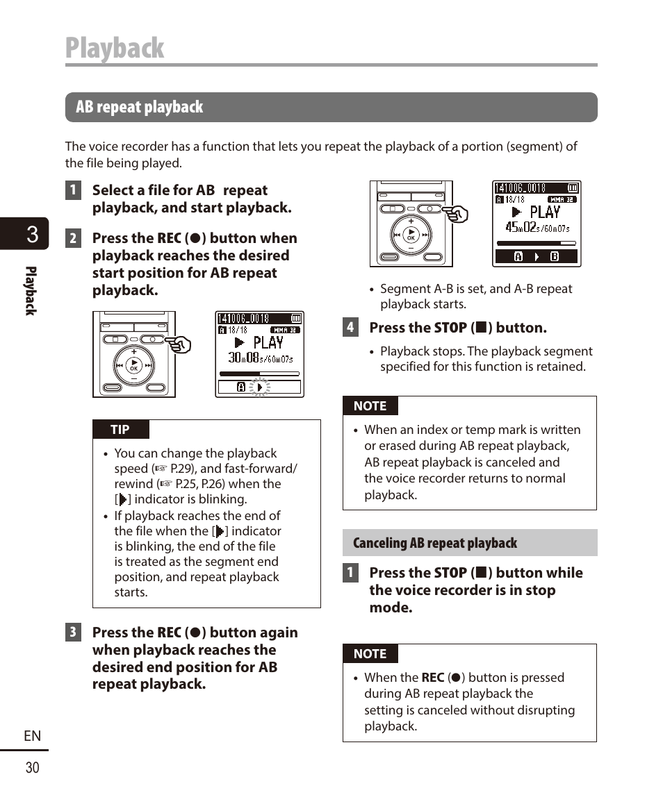 A-b repeat playback, Playback, A- b repeat playback | Olympus VN732PC User Manual | Page 30 / 67