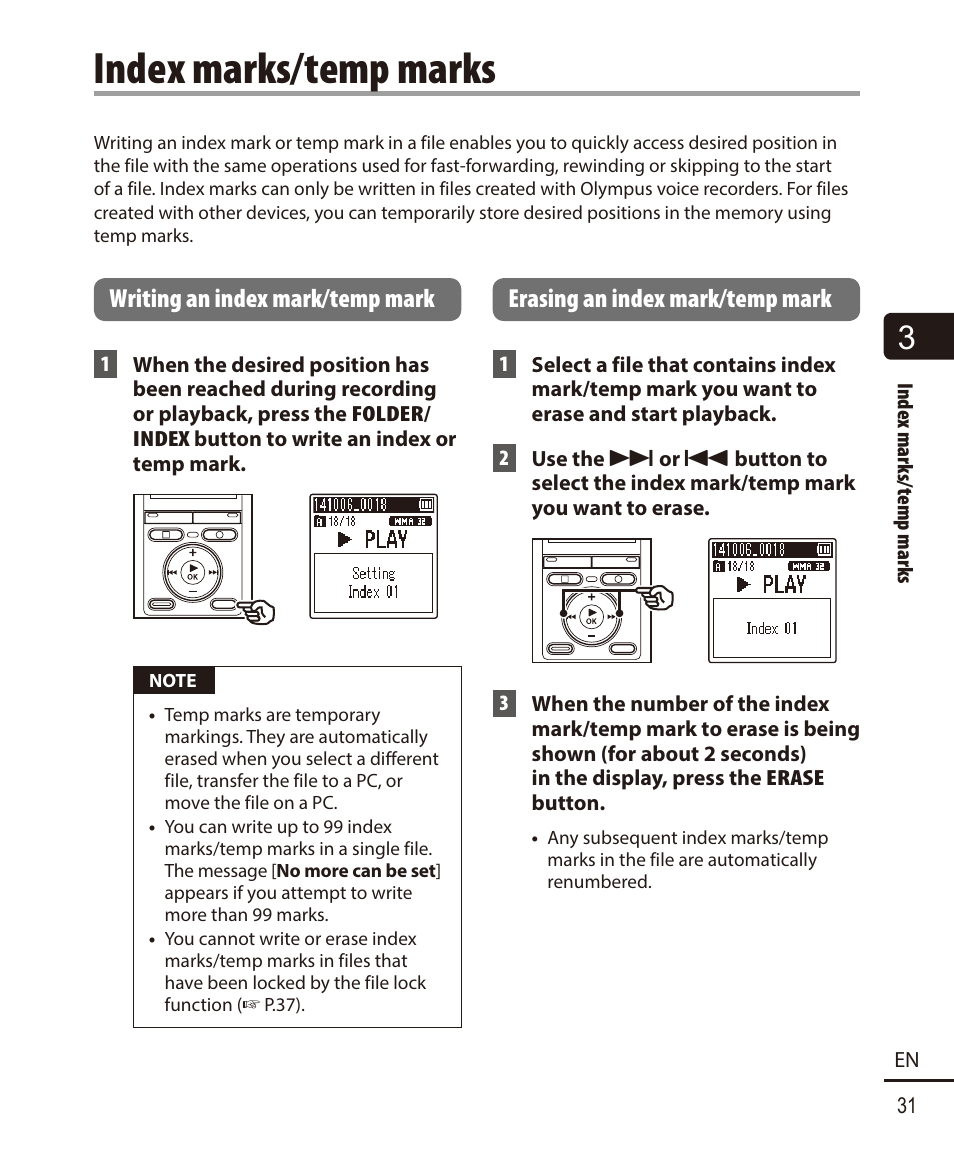 Index marks/temp marks, Writing an index mark/temp mark, Erasing an index mark/temp mark | Olympus VN732PC User Manual | Page 31 / 67