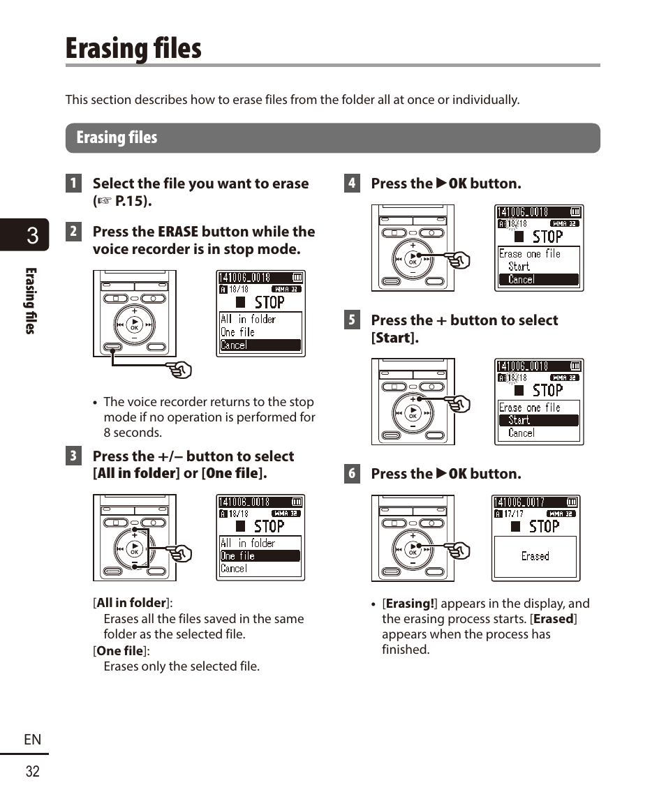 Erasing files | Olympus VN732PC User Manual | Page 32 / 67