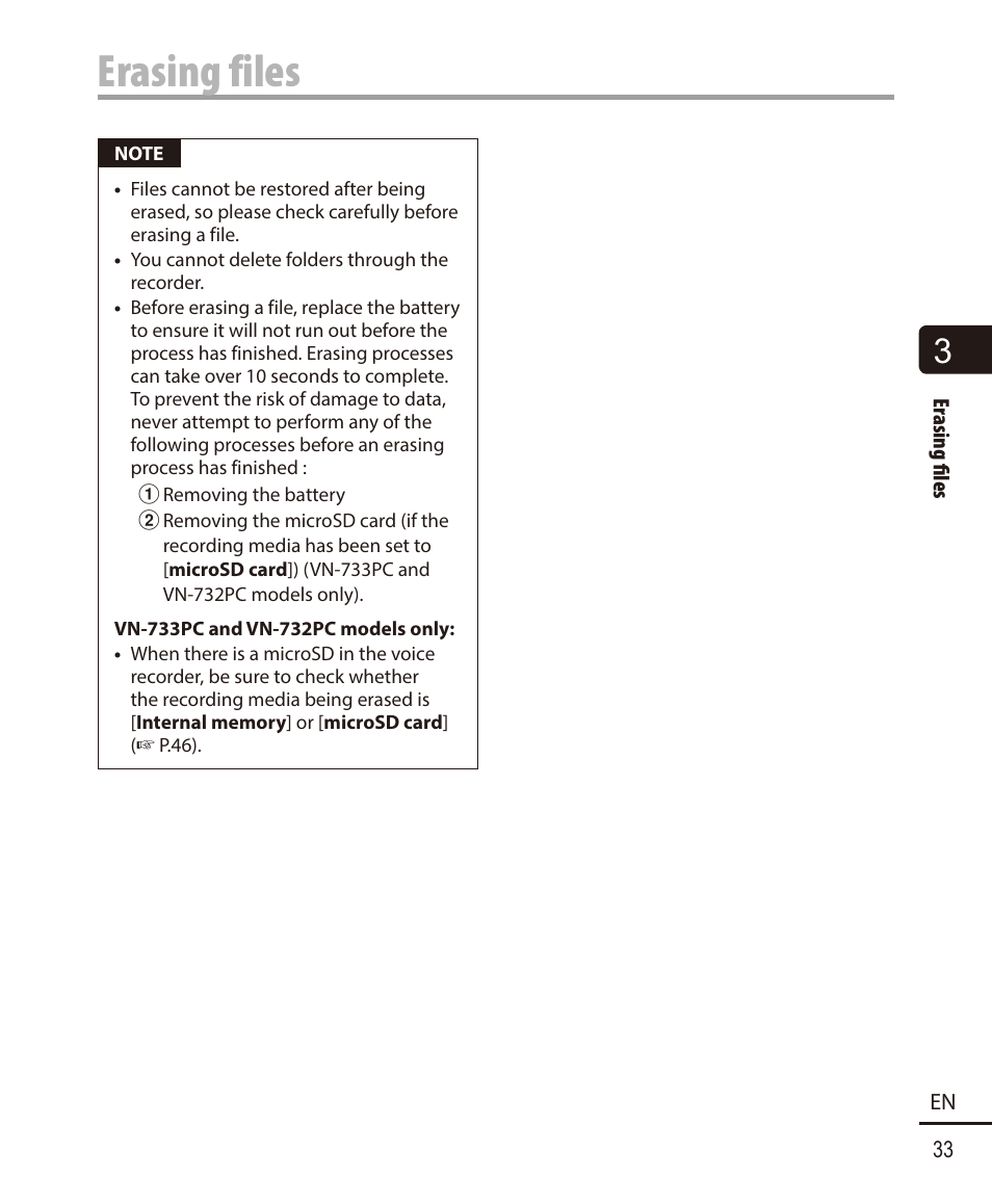 Erasing files | Olympus VN732PC User Manual | Page 33 / 67