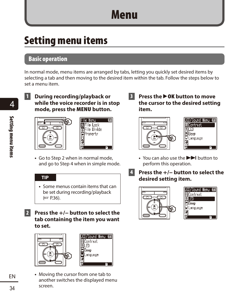 Menu, Setting menu items, Basic operation | Olympus VN732PC User Manual | Page 34 / 67