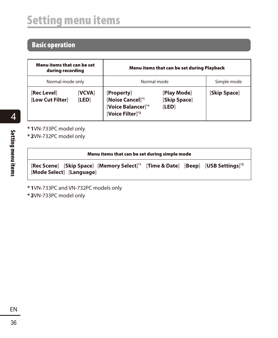 Setting menu items, Basic operation, Setting menu items 36 en | Olympus VN732PC User Manual | Page 36 / 67