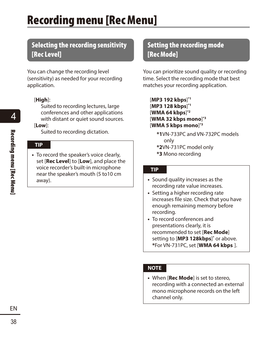 Recording menu [rec menu, Selecting the recording sensitivity [rec level, Setting the recording mode [rec mode | Olympus VN732PC User Manual | Page 38 / 67