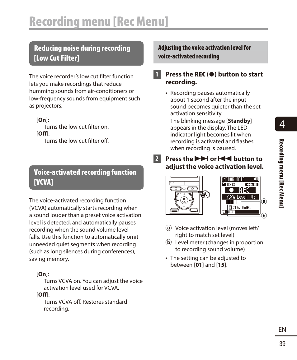 Reducing noise during recording [low cut filter, Voice-activated recording function [vcva, Recording menu [rec menu | Olympus VN732PC User Manual | Page 39 / 67