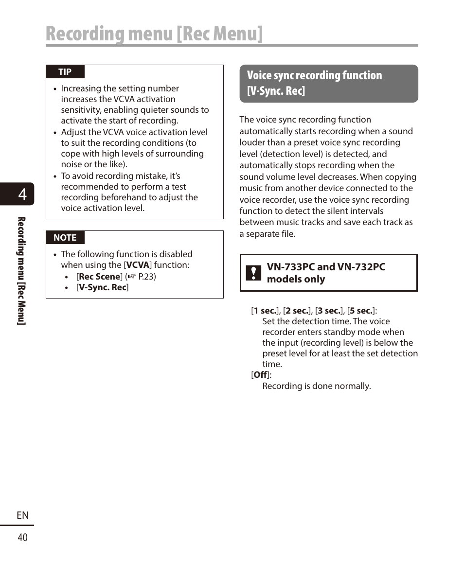 Voice sync recording function [v-sync. rec, Recording menu [rec menu | Olympus VN732PC User Manual | Page 40 / 67