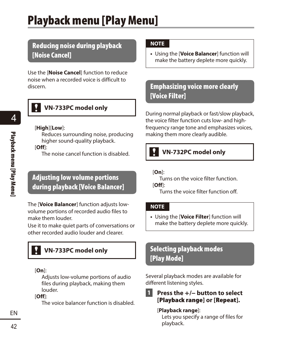 Playback menu [play menu, Reducing noise during playback [noise cancel, Emphasizing voice more clearly [voice filter | Selecting playback modes [play mode | Olympus VN732PC User Manual | Page 42 / 67