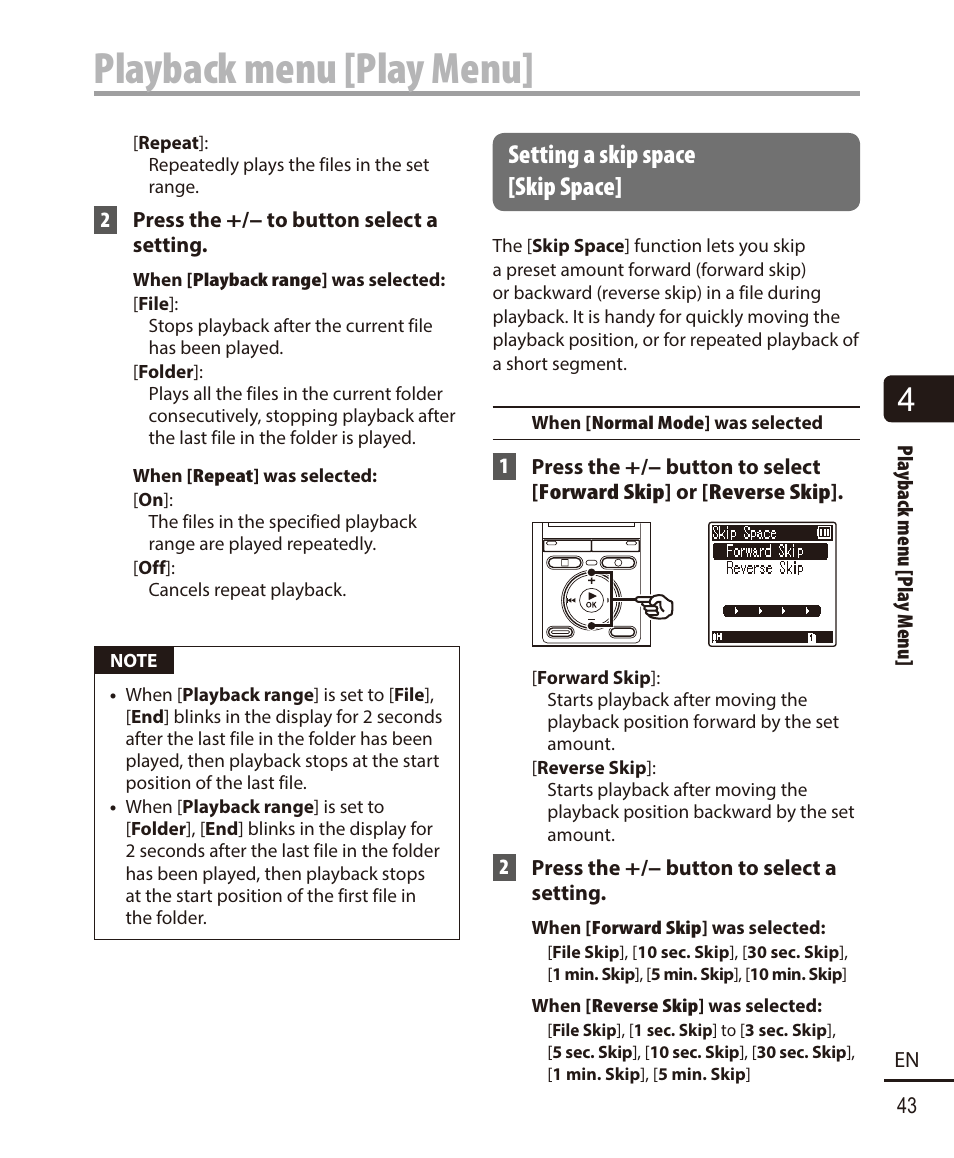 Setting a skip space [skip space, Playback menu [play menu | Olympus VN732PC User Manual | Page 43 / 67