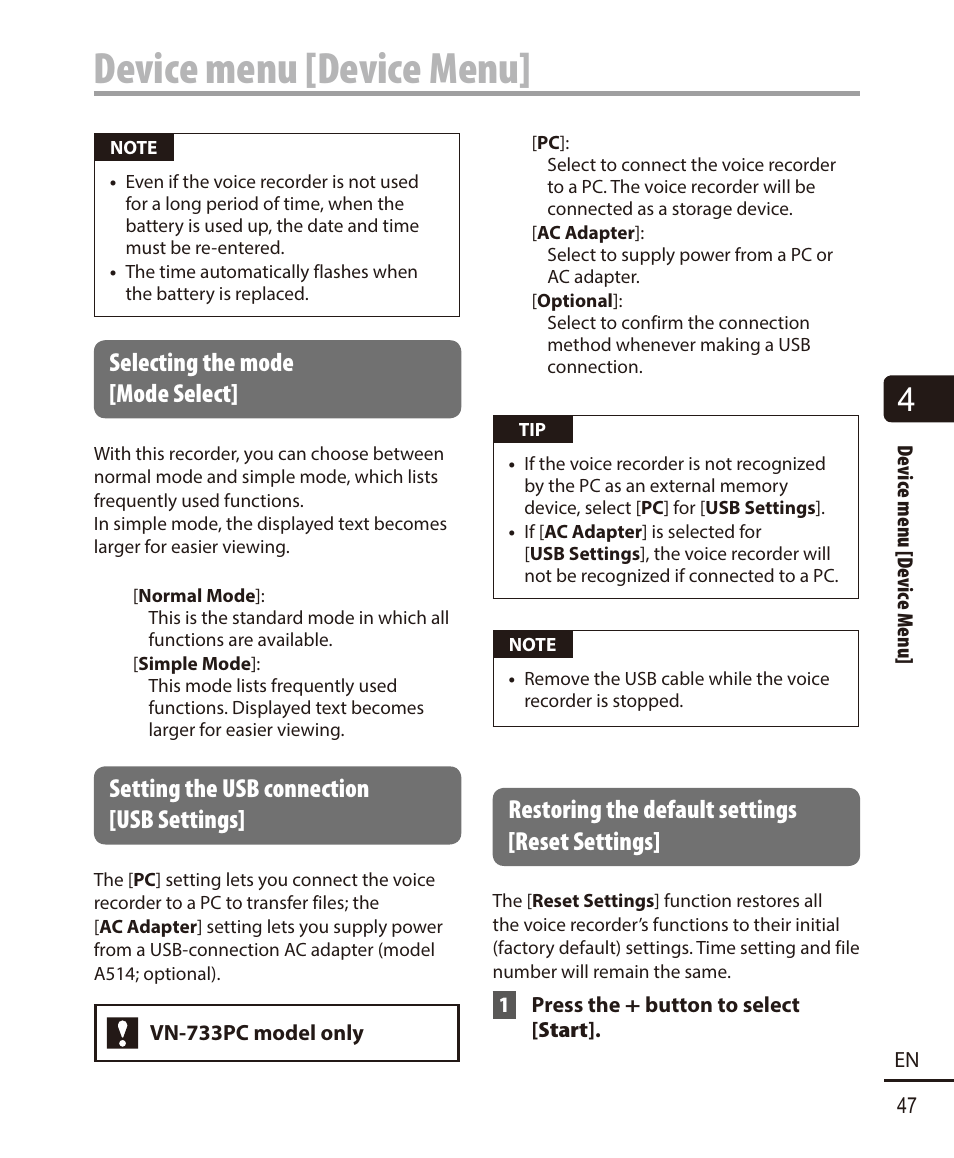 Selecting the mode [mode select, Setting the usb connection [usb settings, Restoring the default settings [reset settings | Device menu [device menu | Olympus VN732PC User Manual | Page 47 / 67