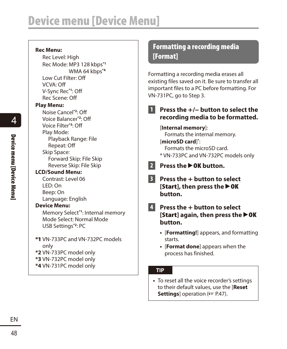 Formatting a recording media [format, Device menu [device menu | Olympus VN732PC User Manual | Page 48 / 67