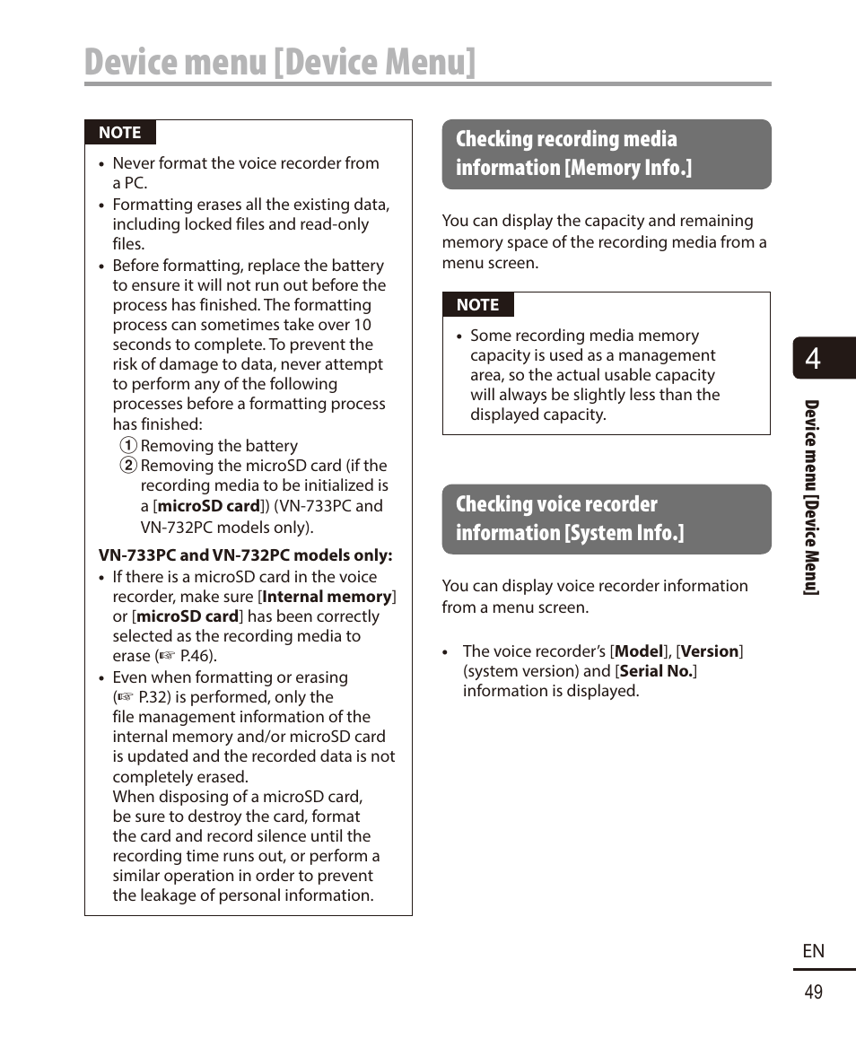 Checking recording media information [memory info, Checking voice recorder information [system info, Device menu [device menu | Olympus VN732PC User Manual | Page 49 / 67