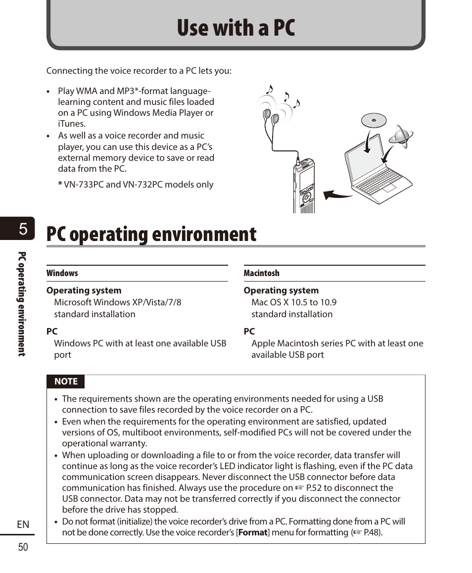 Use with a pc, Pc operating environment | Olympus VN732PC User Manual | Page 50 / 67