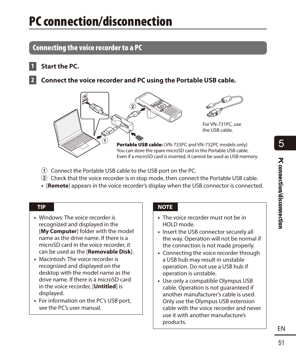 Pc connection/disconnection, Connecting the voice recorder to a pc | Olympus VN732PC User Manual | Page 51 / 67