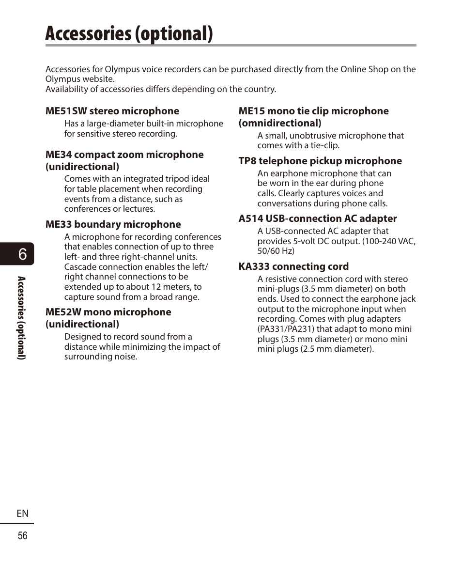 Accessories (optional) | Olympus VN732PC User Manual | Page 56 / 67