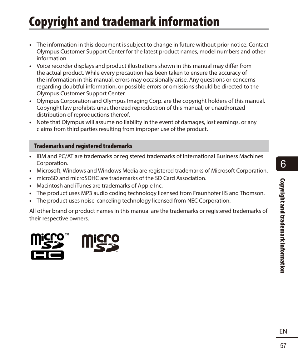 Copyright and trademark information | Olympus VN732PC User Manual | Page 57 / 67
