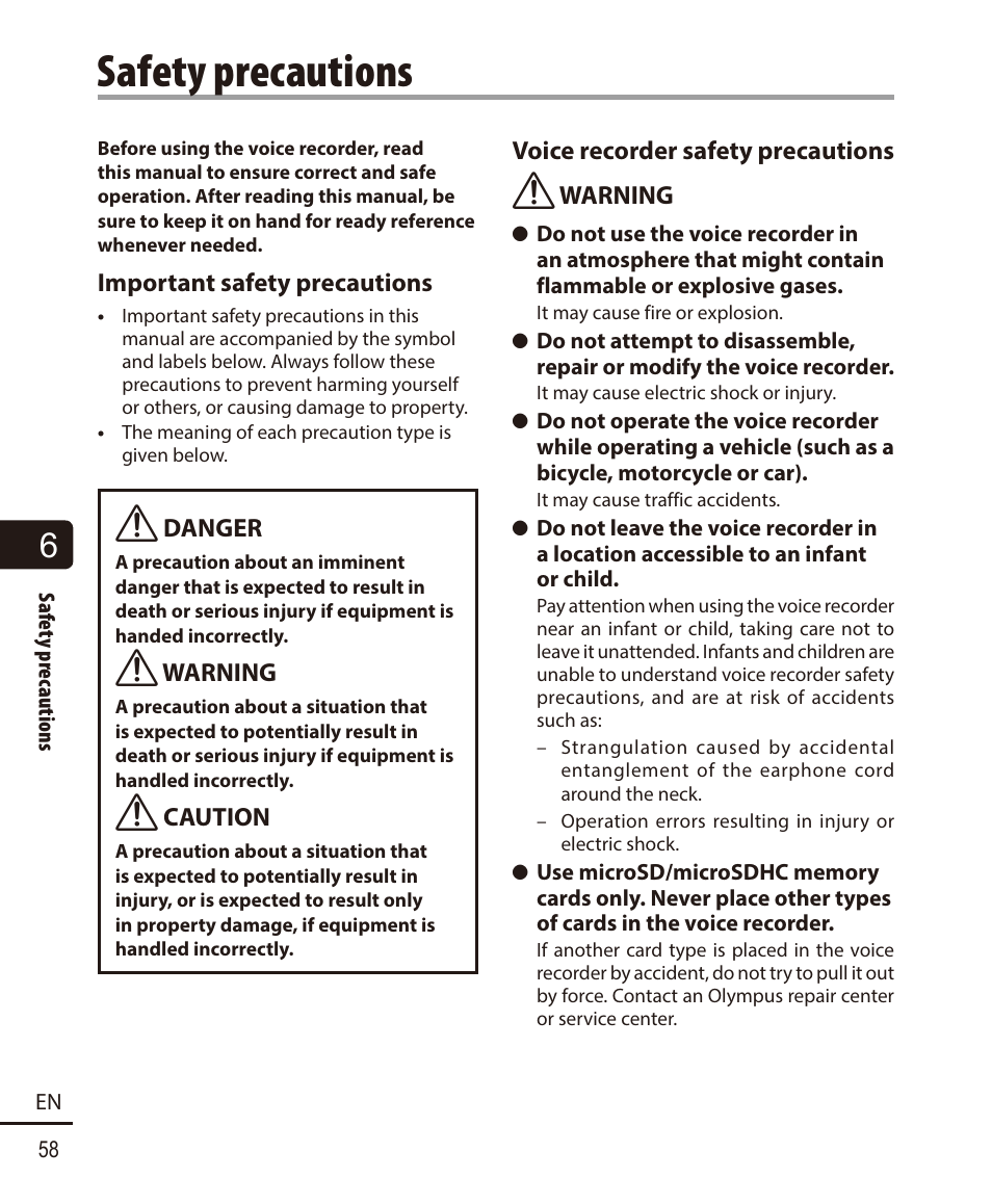 Safety precautions | Olympus VN732PC User Manual | Page 58 / 67