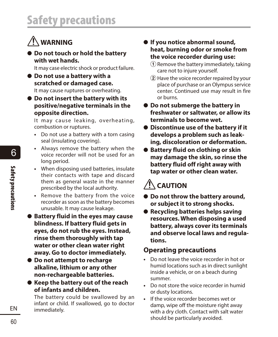 Safety precautions | Olympus VN732PC User Manual | Page 60 / 67