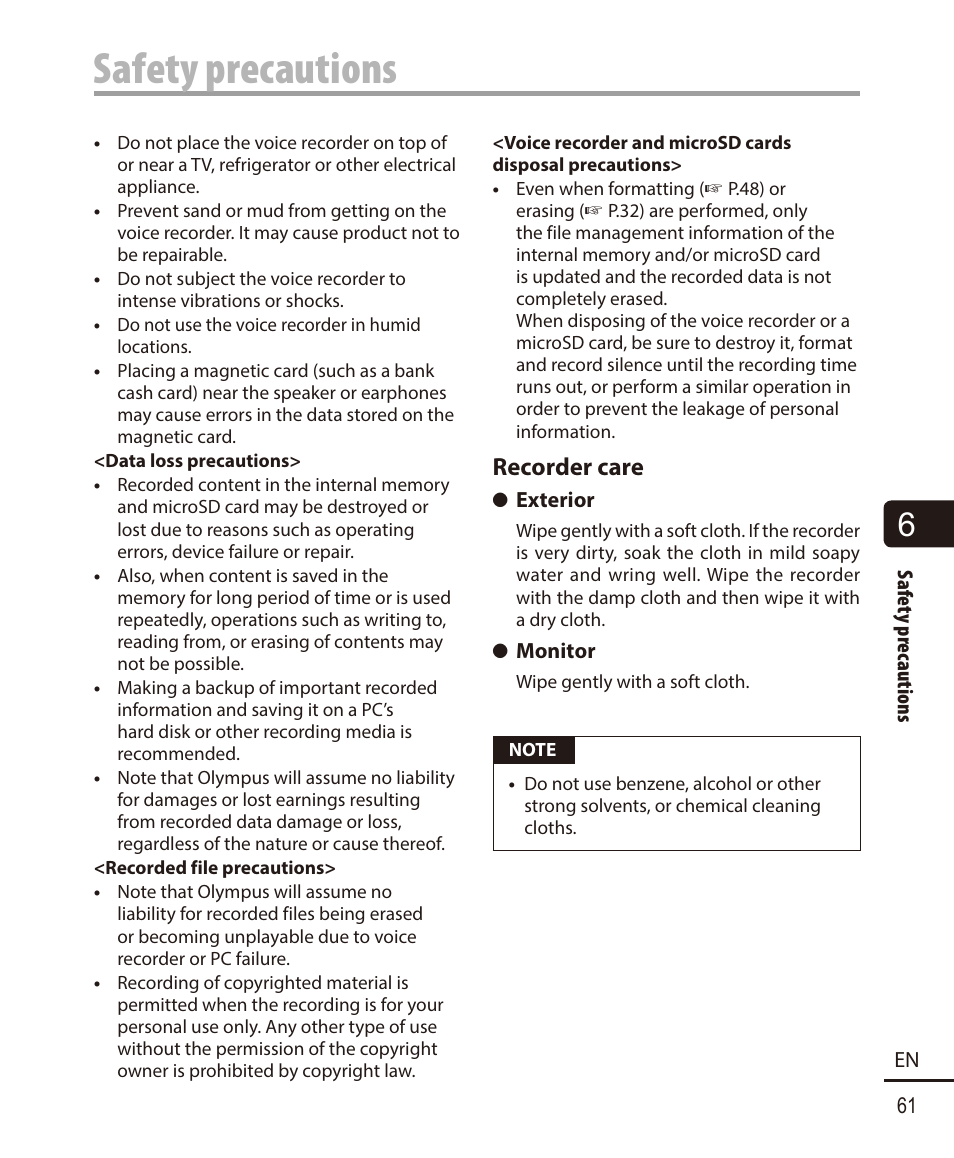 Safety precautions | Olympus VN732PC User Manual | Page 61 / 67