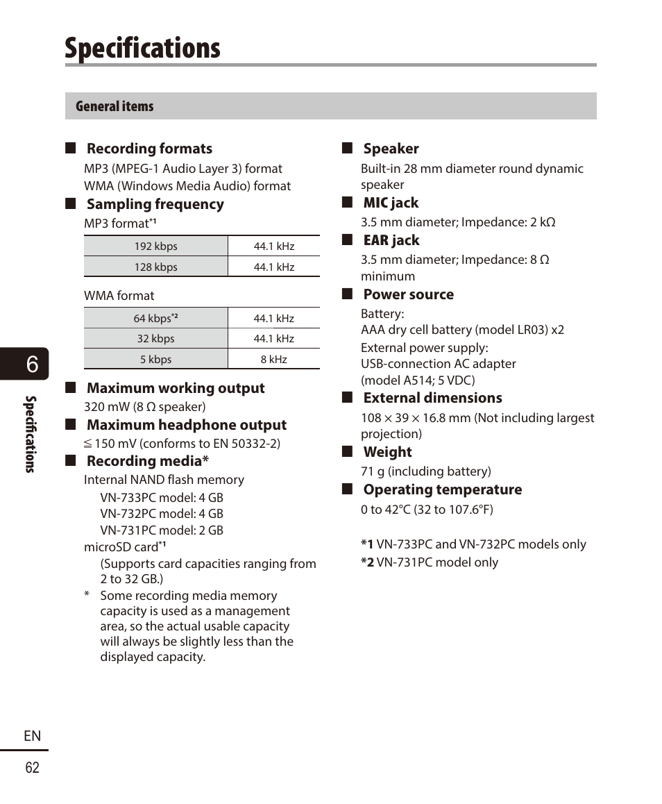 Specifications | Olympus VN732PC User Manual | Page 62 / 67
