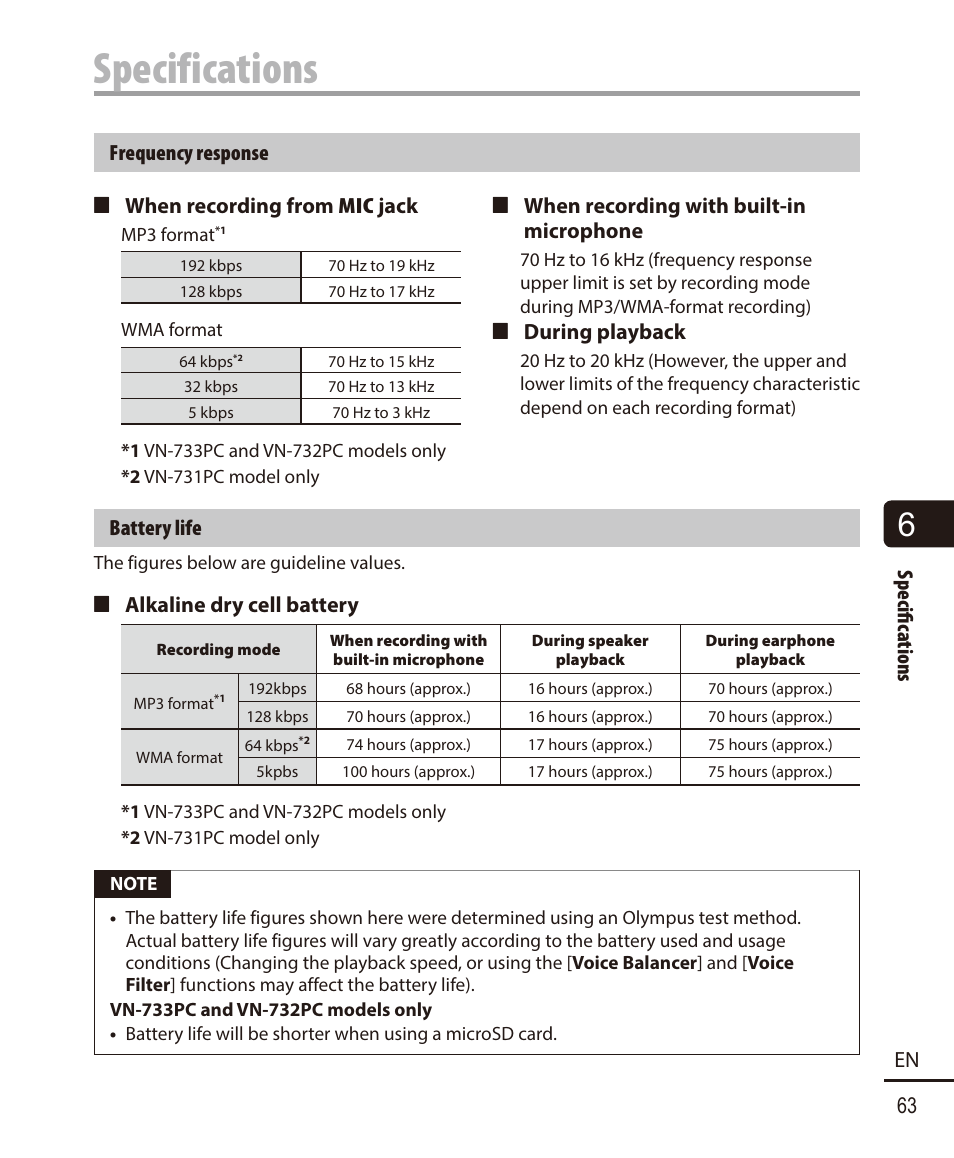 Specifications, Specifi c ations 63 en, Battery life | 4 alkaline dry cell battery, 4 when recording from mic jack, 4 during playback | Olympus VN732PC User Manual | Page 63 / 67