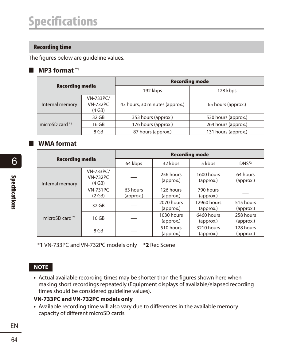 Specifications, Specifi c ations 64 en, Recording time | 4 mp3 format, 4 wma format | Olympus VN732PC User Manual | Page 64 / 67