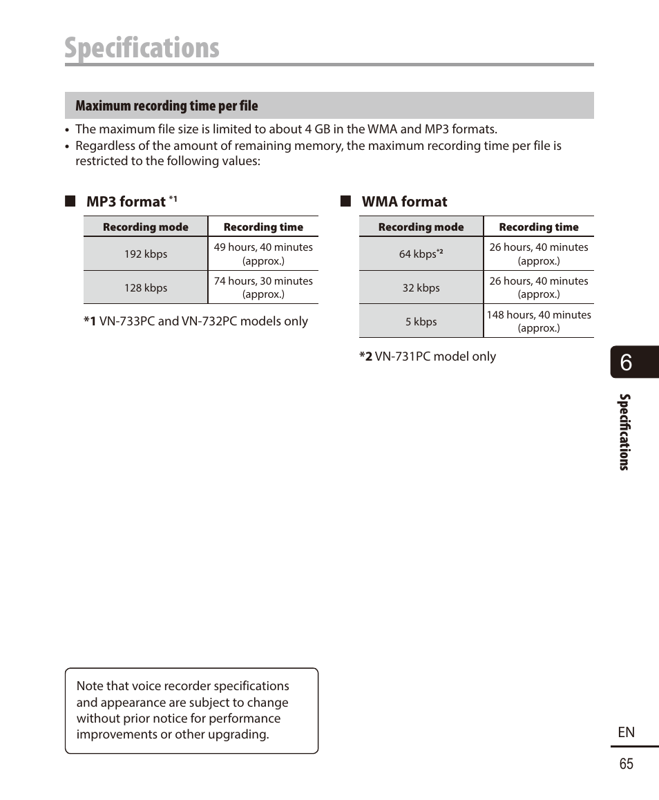 Specifications | Olympus VN732PC User Manual | Page 65 / 67