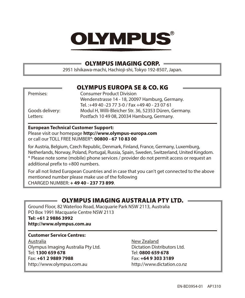 Olympus imaging corp, Olympus europa se & co. kg, Olympus imaging australia pty ltd | Olympus VN732PC User Manual | Page 67 / 67