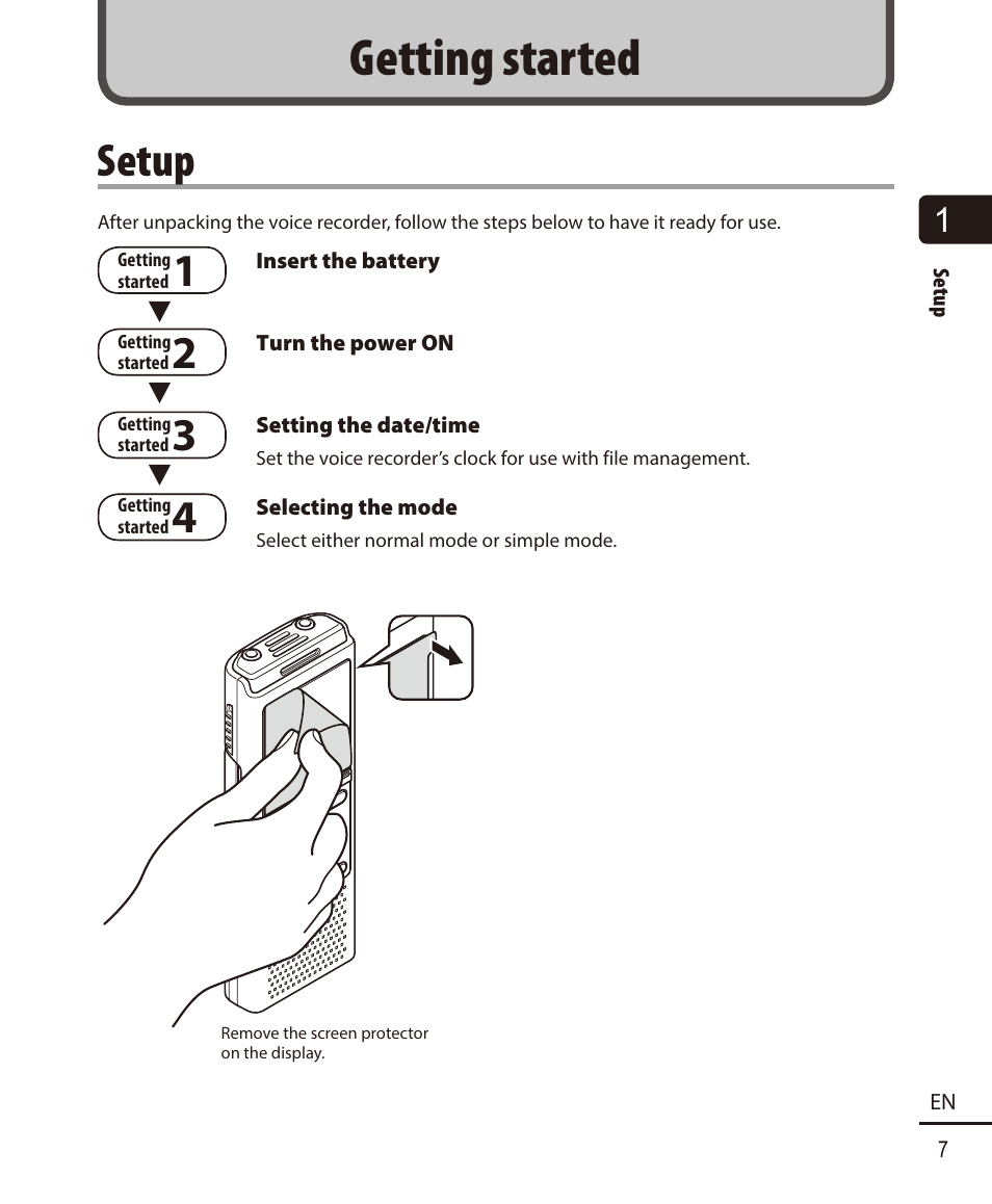 Getting started, Setup | Olympus VN732PC User Manual | Page 7 / 67