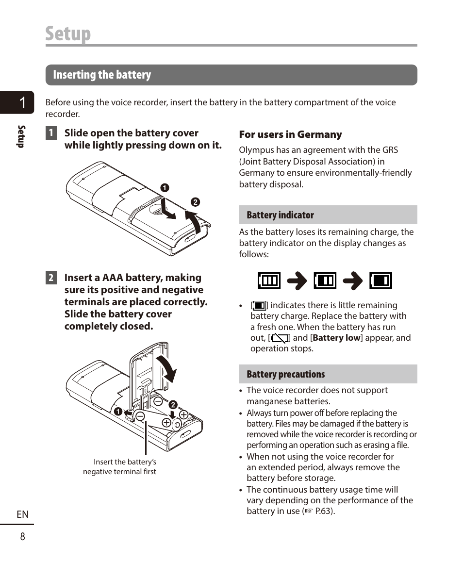 Inserting the battery, Setup | Olympus VN732PC User Manual | Page 8 / 67