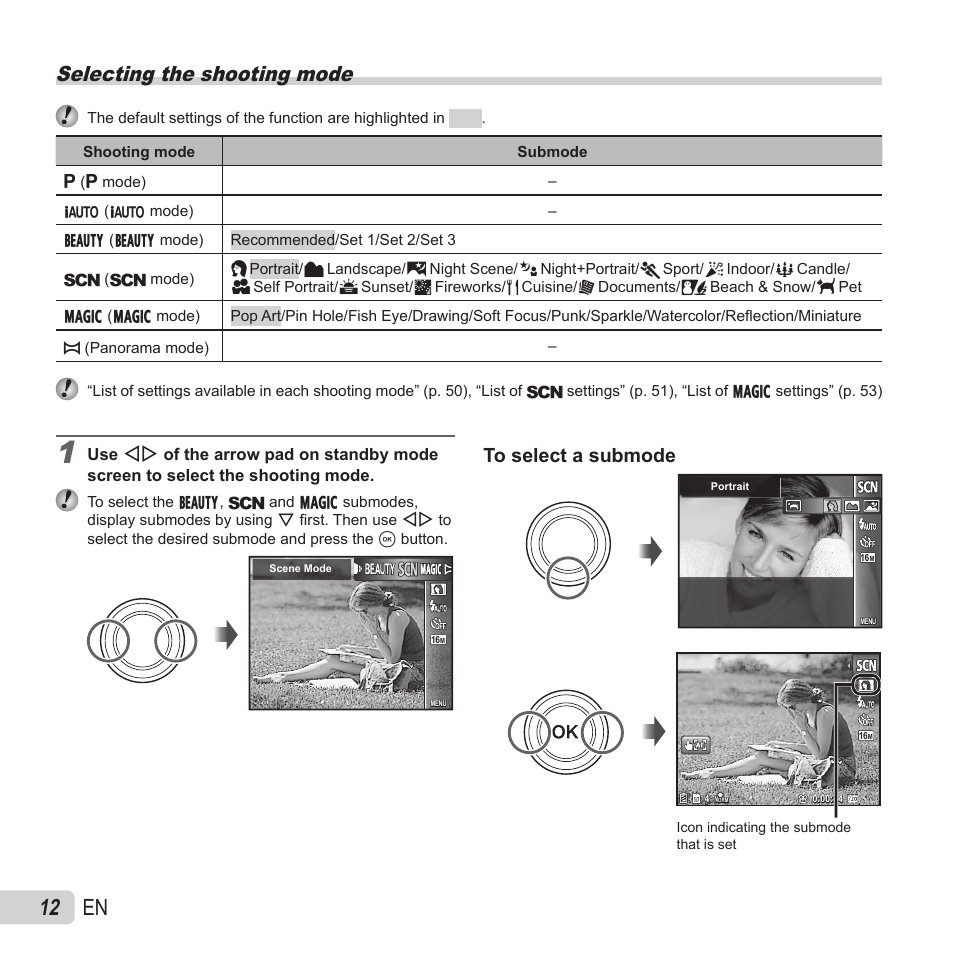 12 en, Selecting the shooting mode | Olympus VH-410 User Manual | Page 12 / 71