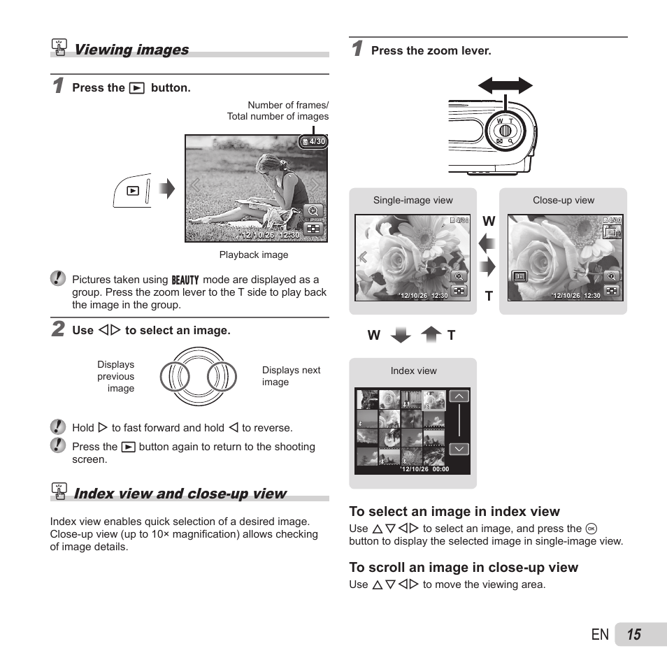 Playback, 15 en, Viewing images | Index view and close-up view, Wt w t | Olympus VH-410 User Manual | Page 15 / 71