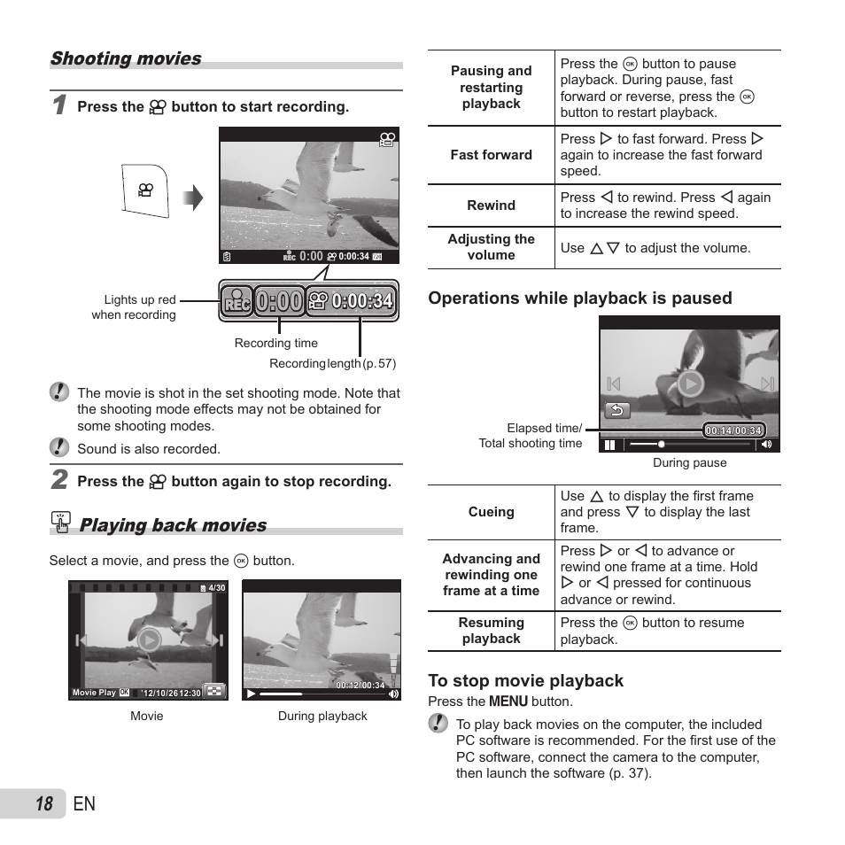 Shooting movies, 18 en, Playing back movies | Operations while playback is paused | Olympus VH-410 User Manual | Page 18 / 71