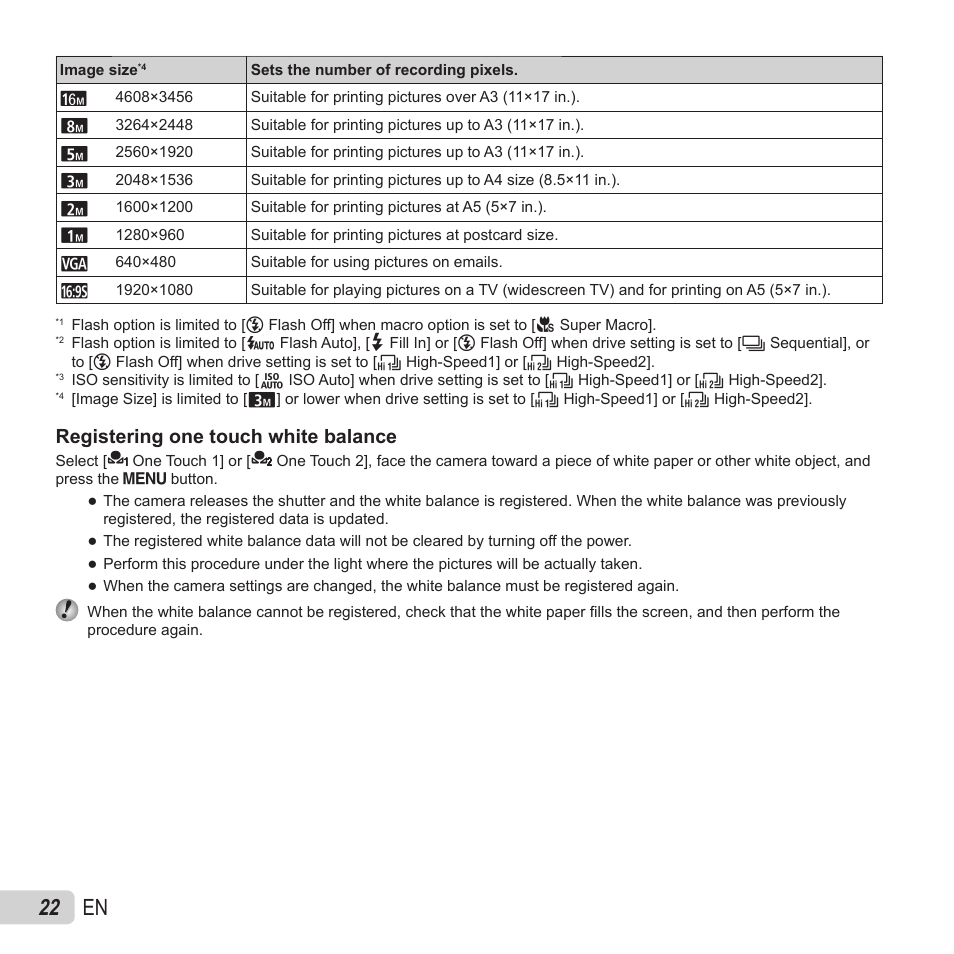 22 en, Registering one touch white balance | Olympus VH-410 User Manual | Page 22 / 71