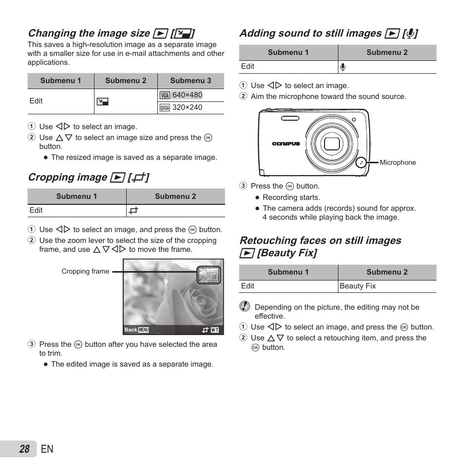 28 en, Changing the image size, Changing the image size q q [ [ q q | Cropping image, Cropping image q q [ [ p p, Adding sound to still images, Adding sound to still images q q [ [ r r, Retouching faces on still images | Olympus VH-410 User Manual | Page 28 / 71
