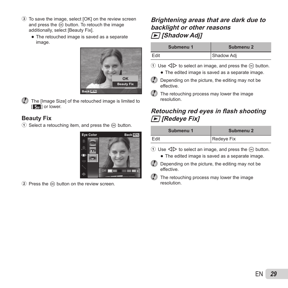 29 en, Retouching red eyes in fl ash shooting | Olympus VH-410 User Manual | Page 29 / 71