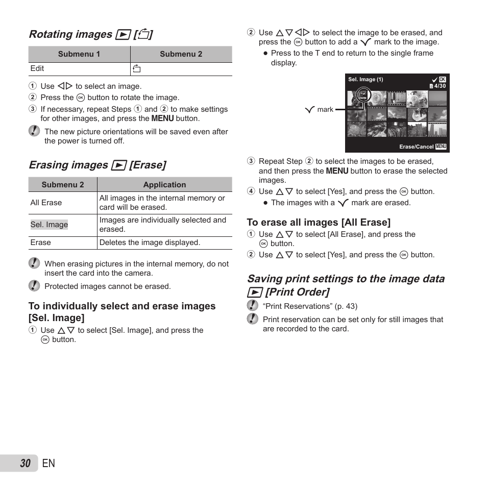 30 en, Rotating images, Rotating images q q [ [ y y | Erasing images, Erasing images q q [erase] [erase, Saving print settings to the image data | Olympus VH-410 User Manual | Page 30 / 71