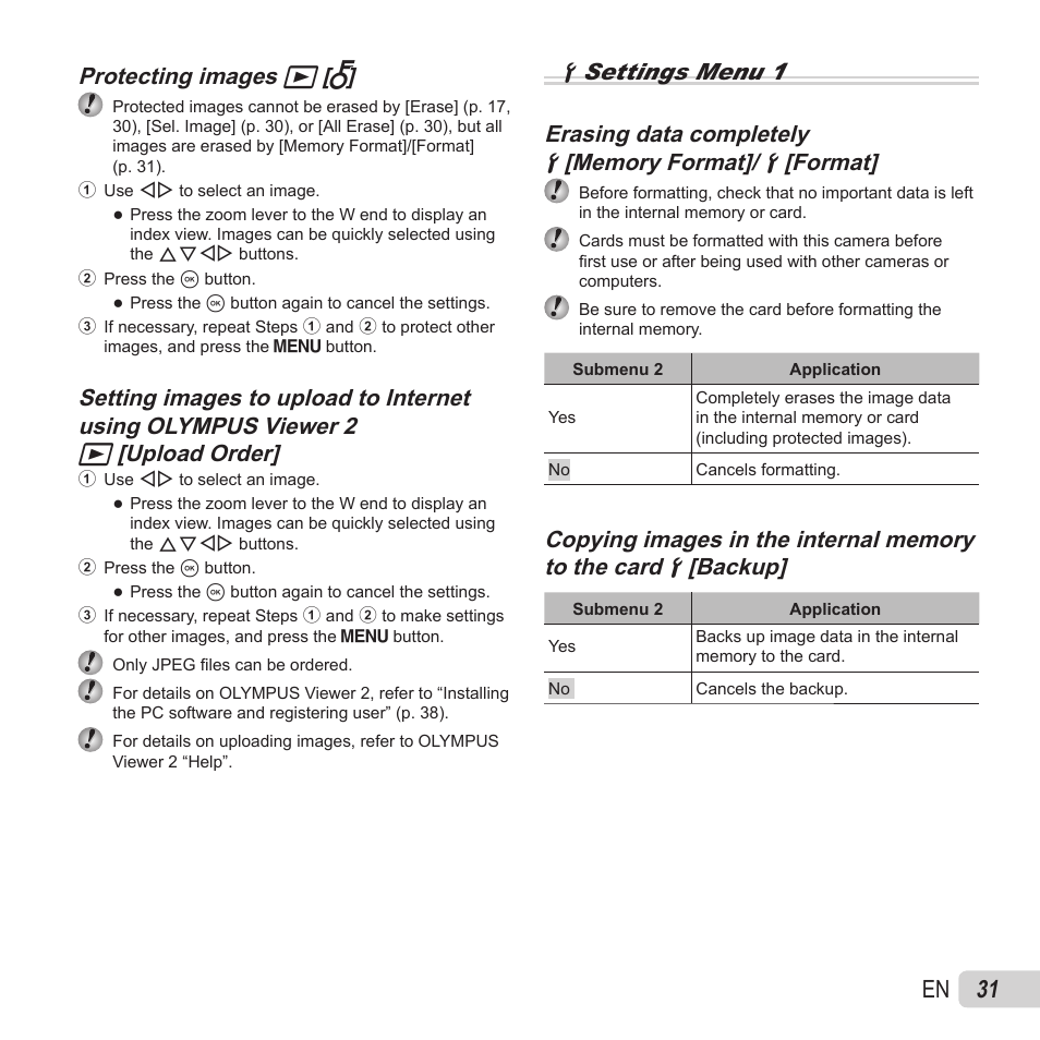 31 en, Protecting images, Protecting images q q [ [ r r | Olympus VH-410 User Manual | Page 31 / 71