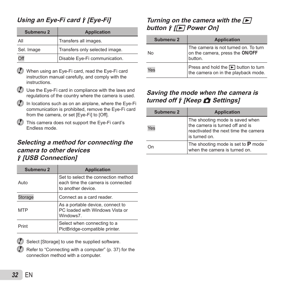 32 en, Using an eye-fi card, Using an eye-fi card dd [eye-fi] [eye-fi | Turning on the camera with the | Olympus VH-410 User Manual | Page 32 / 71