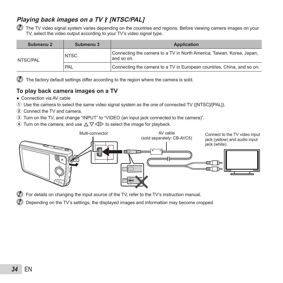 34 en, Playing back images on a tv | Olympus VH-410 User Manual | Page 34 / 71