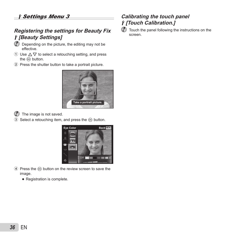 36 en, Calibrating the touch panel | Olympus VH-410 User Manual | Page 36 / 71