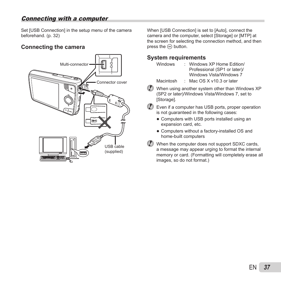 Connecting with a computer, 37 en | Olympus VH-410 User Manual | Page 37 / 71