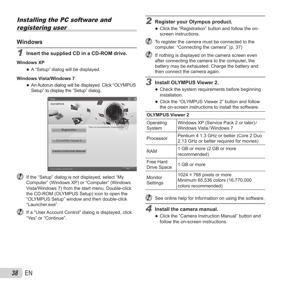 38 en, Installing the pc software and registering user | Olympus VH-410 User Manual | Page 38 / 71